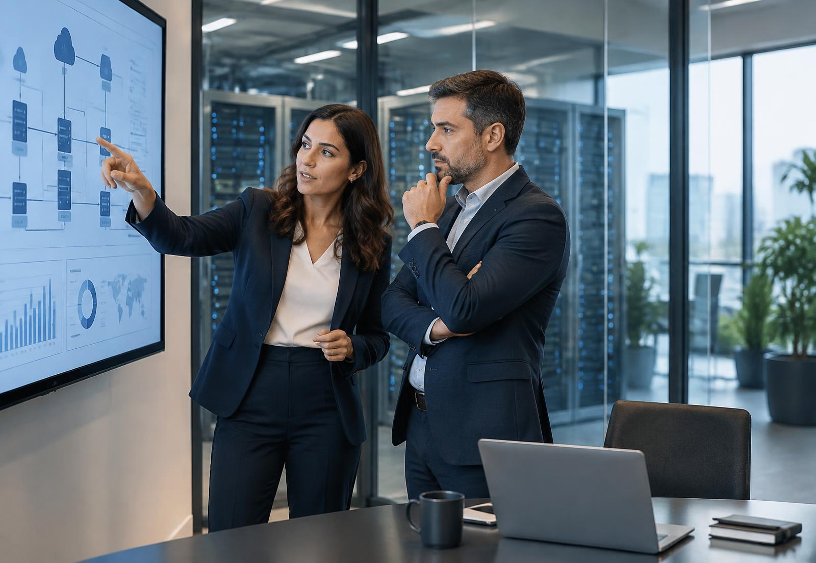 Consultores da Active Solutions analisando um ambiente de tecnologia